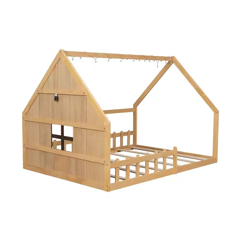 Lit de sol pleine grandeur pour enfants, lit Montessori en bois avec clôture et lumière LED, lit cabane pleine grandeur avec fenêtre et toit pour filles et garçons