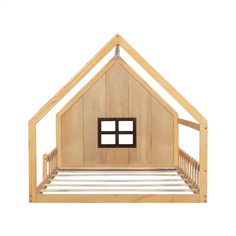 Lit de sol pleine grandeur pour enfants, lit Montessori en bois avec clôture et lumière LED, lit cabane pleine grandeur avec fenêtre et toit pour filles et garçons