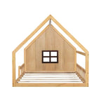 Lit de sol pleine grandeur pour enfants, lit Montessori en bois avec clôture et lumière LED, lit cabane pleine grandeur avec fenêtre et toit pour filles et garçons