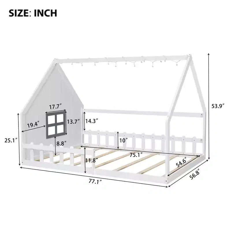 Lit de sol pleine grandeur pour enfants, lit Montessori en bois avec clôture et lumière LED, lit cabane pleine grandeur avec fenêtre et toit pour filles et garçons
