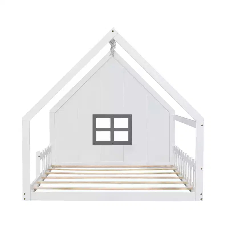 Lit de sol pleine grandeur pour enfants, lit Montessori en bois avec clôture et lumière LED, lit cabane pleine grandeur avec fenêtre et toit pour filles et garçons