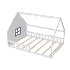 Lit de sol pleine grandeur pour enfants, lit Montessori en bois avec clôture et lumière LED, lit cabane pleine grandeur avec fenêtre et toit pour filles et garçons