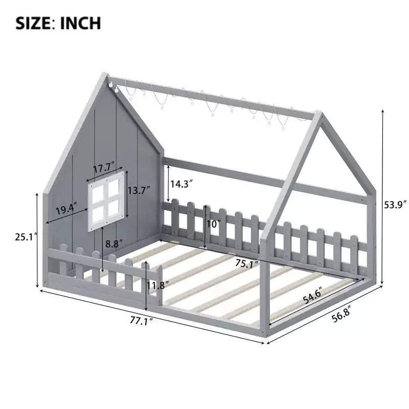 Lit de sol pleine grandeur pour enfants, lit Montessori en bois avec clôture et lumière LED, lit cabane pleine grandeur avec fenêtre et toit pour filles et garçons