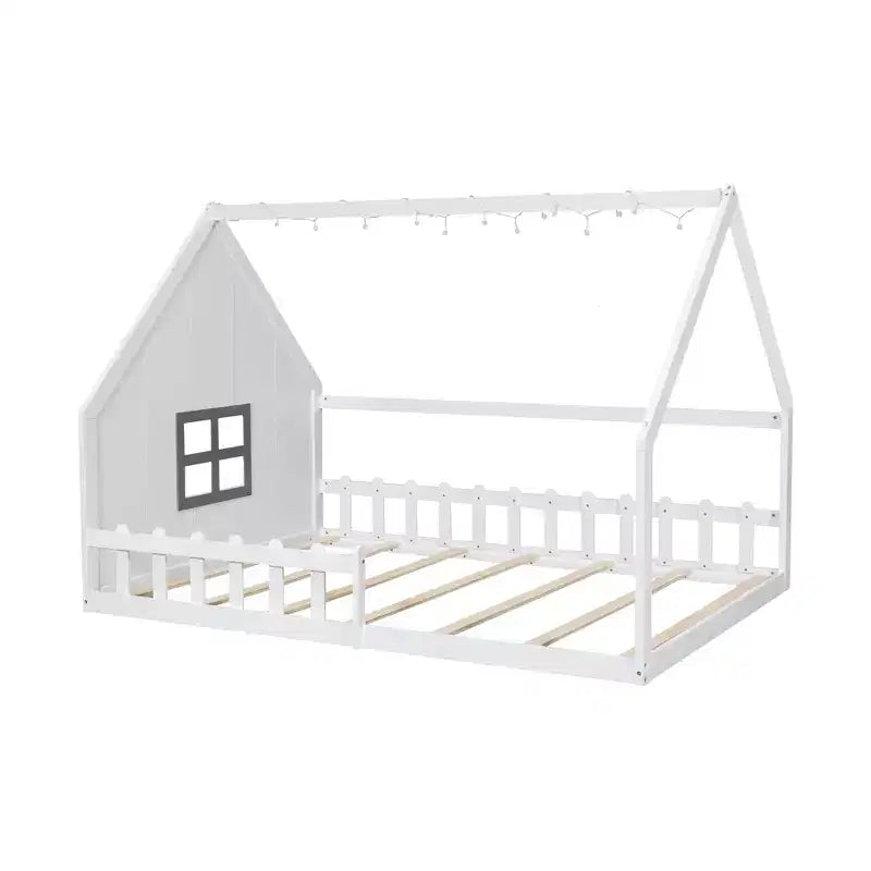 Lit de sol pleine grandeur pour enfants, lit Montessori en bois avec clôture et lumière LED, lit cabane pleine grandeur avec fenêtre et toit pour filles et garçons