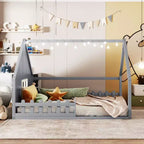 Lit de sol pleine grandeur pour enfants, lit Montessori en bois avec clôture et lumière LED, lit cabane pleine grandeur avec fenêtre et toit pour filles et garçons