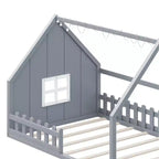 Lit de sol pleine grandeur pour enfants, lit Montessori en bois avec clôture et lumière LED, lit cabane pleine grandeur avec fenêtre et toit pour filles et garçons