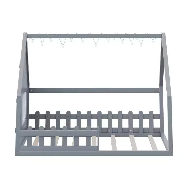 Lit de sol pleine grandeur pour enfants, lit Montessori en bois avec clôture et lumière LED, lit cabane pleine grandeur avec fenêtre et toit pour filles et garçons