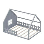 Lit de sol pleine grandeur pour enfants, lit Montessori en bois avec clôture et lumière LED, lit cabane pleine grandeur avec fenêtre et toit pour filles et garçons