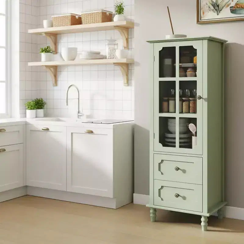 Homy Casa Buffet Haut de Cuisine avec Portes Vitrées et Tiroirs, Pieds en Bois Massif, pour Salle à Manger ou Salon