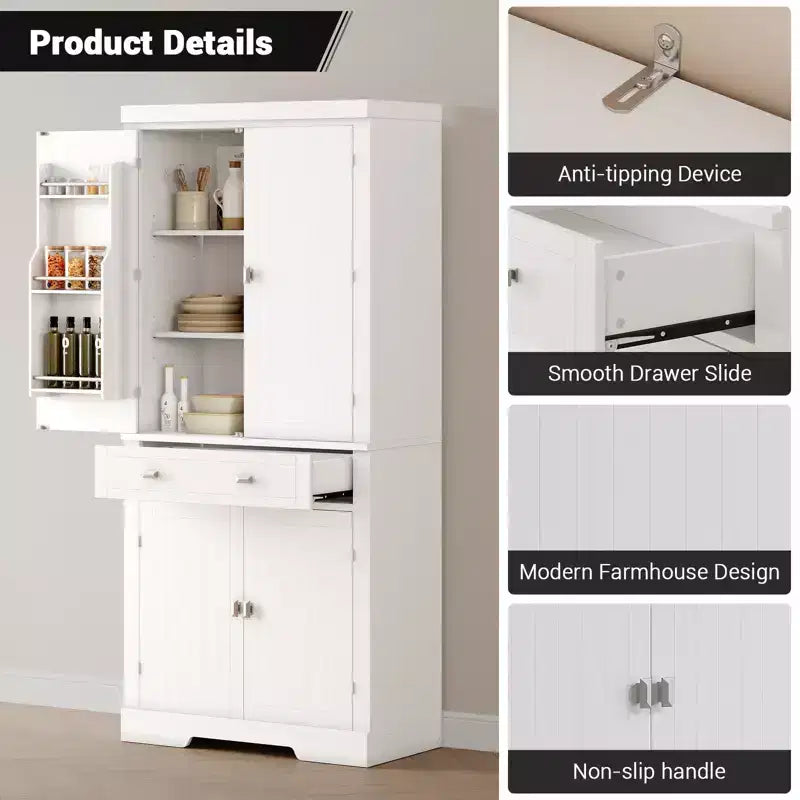 Meuble de rangement de cuisine de 72 pouces, armoire de rangement de garde-manger avec 1 tiroir et 4 portes, étagères réglables, pour cuisine, salle à manger, blanc
