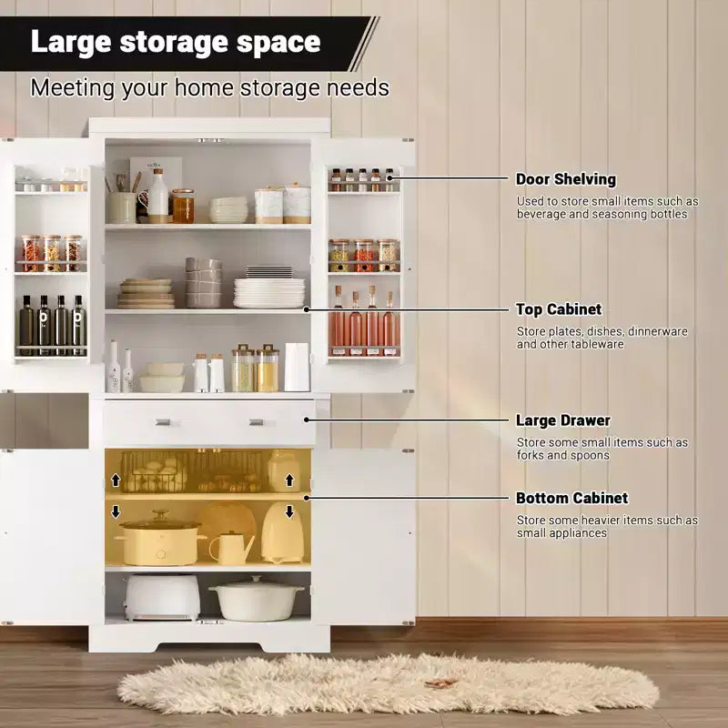 Meuble de rangement de cuisine de 72 pouces, armoire de rangement de garde-manger avec 1 tiroir et 4 portes, étagères réglables, pour cuisine, salle à manger, blanc