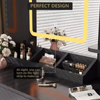 Coiffeuse avec miroir, comprenant une station de recharge, 3 tiroirs, 3 étagères ouvertes et une armoire. Idéale pour les chambres et les studios de maquillage.
