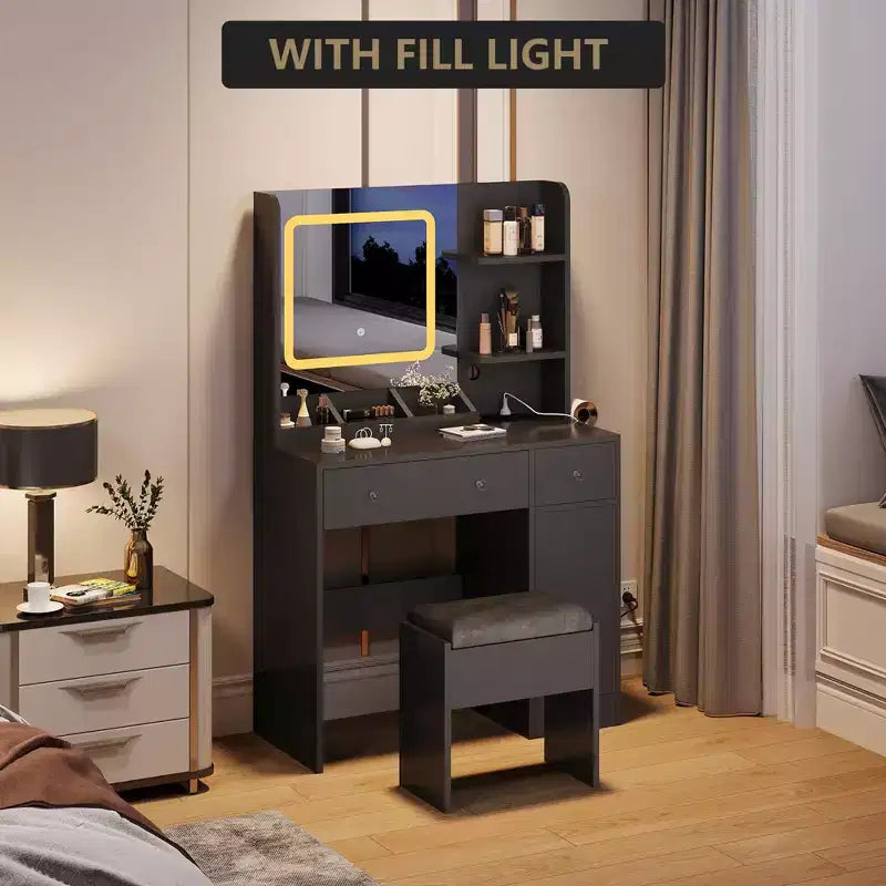 Coiffeuse avec miroir, comprenant une station de recharge, 3 tiroirs, 3 étagères ouvertes et une armoire. Idéale pour les chambres et les studios de maquillage.