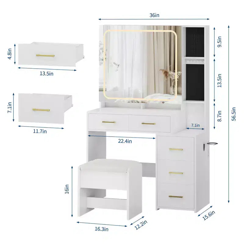 Ensemble de coiffeuse robuste en panneaux de particules - Table de maquillage élégante avec miroir intelligent illuminé, prise USB et grand espace de rangement pour bijoux