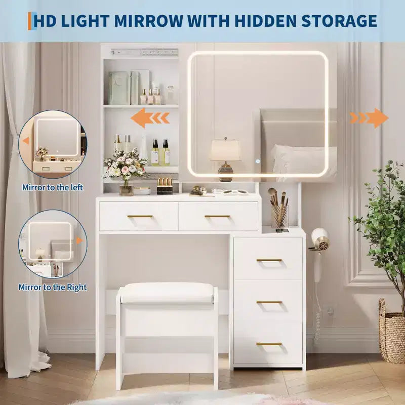 Ensemble de coiffeuse robuste en panneaux de particules - Table de maquillage élégante avec miroir intelligent illuminé, prise USB et grand espace de rangement pour bijoux