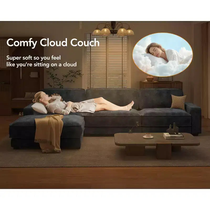 Dyonery 120 - Canapé modulaire sectionnel surdimensionné, canapé nuage en forme de L, ensemble confortable 4 places avec oreillers et pouf mobile, en chenille