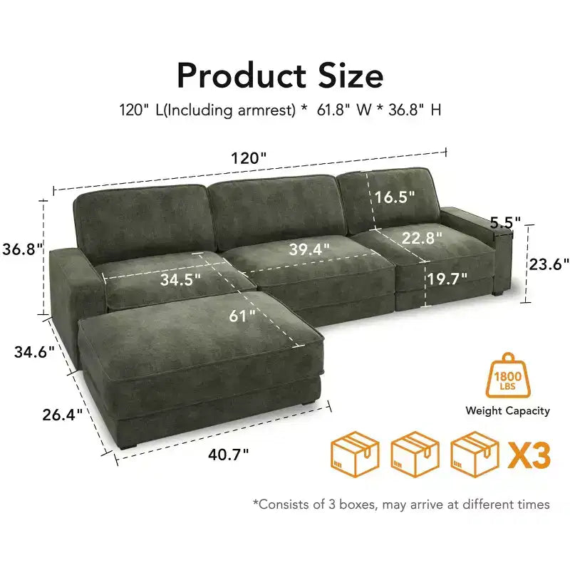 Dyonery 120 - Canapé modulaire sectionnel surdimensionné, canapé nuage en forme de L, ensemble confortable 4 places avec oreillers et pouf mobile, en chenille