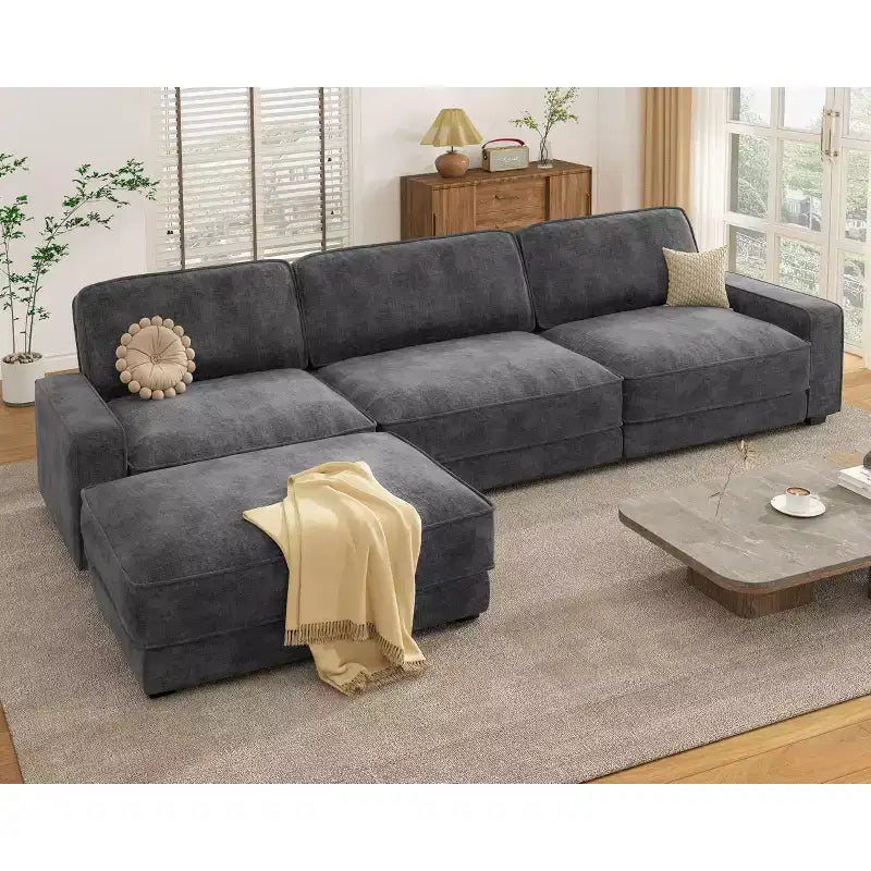 Dyonery 120 - Canapé modulaire sectionnel surdimensionné, canapé nuage en forme de L, ensemble confortable 4 places avec oreillers et pouf mobile, en chenille