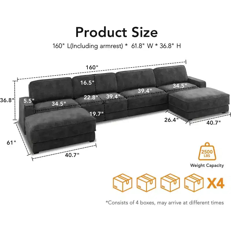 Canapé sectionnel modulaire surdimensionné Dyonery 160, ensemble de canapés confortables en forme de U de 6 places avec 2 oreillers et 2 poufs mobiles, en chenille
