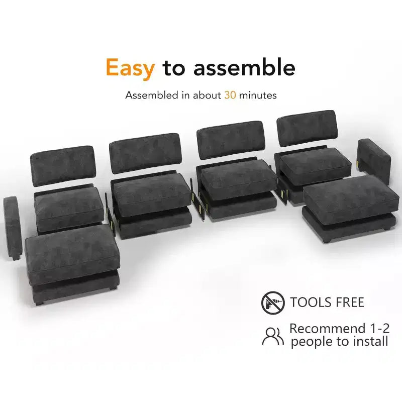 Canapé sectionnel modulaire surdimensionné Dyonery 160, ensemble de canapés confortables en forme de U de 6 places avec 2 oreillers et 2 poufs mobiles, en chenille