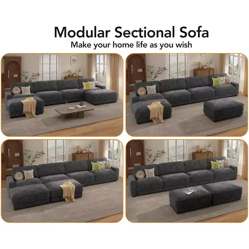 Canapé sectionnel modulaire surdimensionné Dyonery 160, ensemble de canapés confortables en forme de U de 6 places avec 2 oreillers et 2 poufs mobiles, en chenille