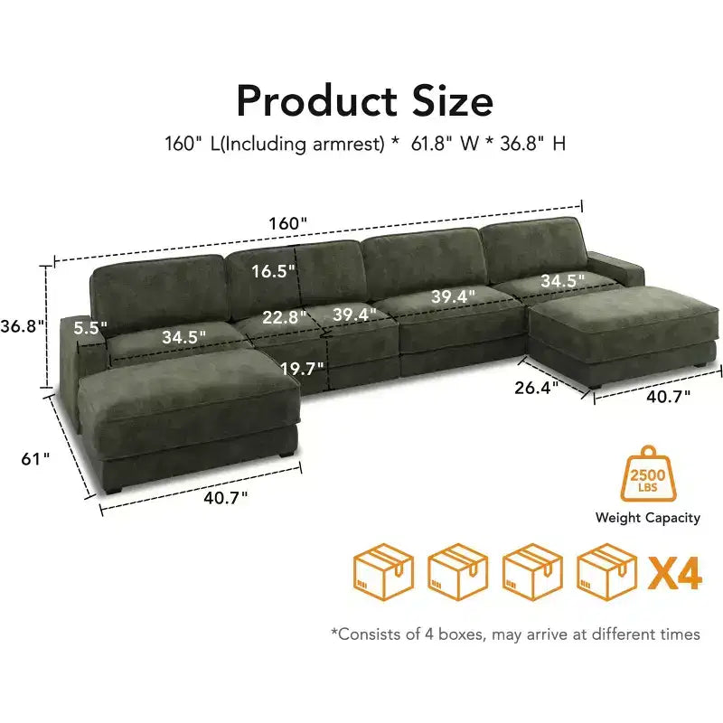 Canapé sectionnel modulaire surdimensionné Dyonery 160, ensemble de canapés confortables en forme de U de 6 places avec 2 oreillers et 2 poufs mobiles, en chenille