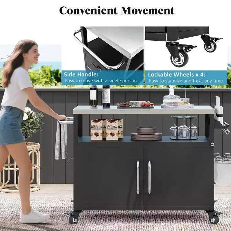 JVNOXK Îlot de cuisine extérieure de 138,4 cm avec comptoir en acier inoxydable, table de chariot de grillade en métal et 4 roues verrouillables, idéal pour les barbecues en extérieur