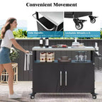 JVNOXK Îlot de cuisine extérieure de 138,4 cm avec comptoir en acier inoxydable, table de chariot de grillade en métal et 4 roues verrouillables, idéal pour les barbecues en extérieur