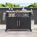 JVNOXK Îlot de cuisine extérieure de 138,4 cm avec comptoir en acier inoxydable, table de chariot de grillade en métal et 4 roues verrouillables, idéal pour les barbecues en extérieur