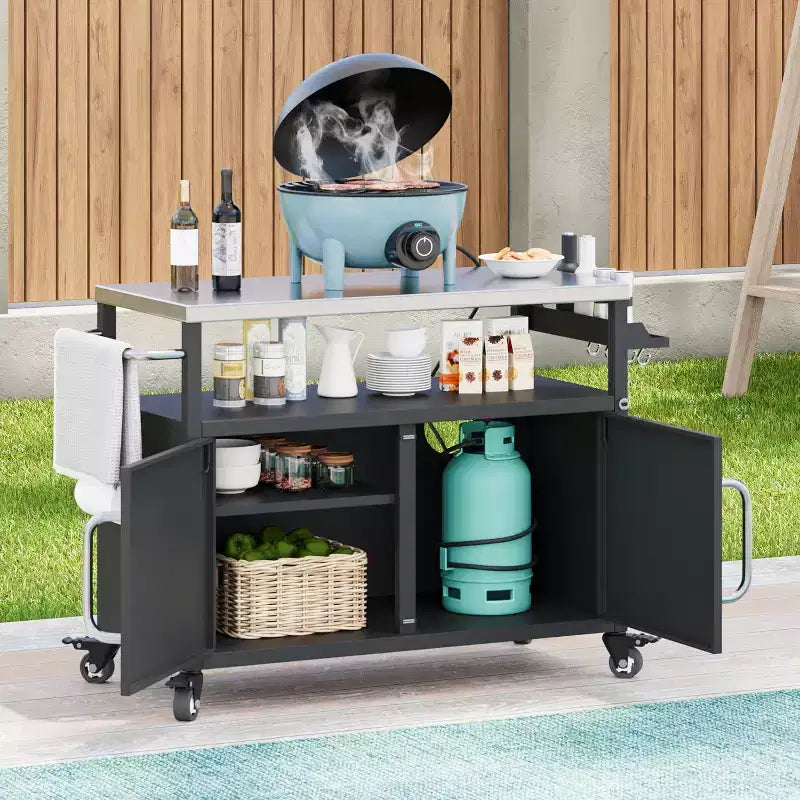 JVNOXK Îlot de cuisine extérieure de 138,4 cm avec comptoir en acier inoxydable, table de chariot de grillade en métal et 4 roues verrouillables, idéal pour les barbecues en extérieur
