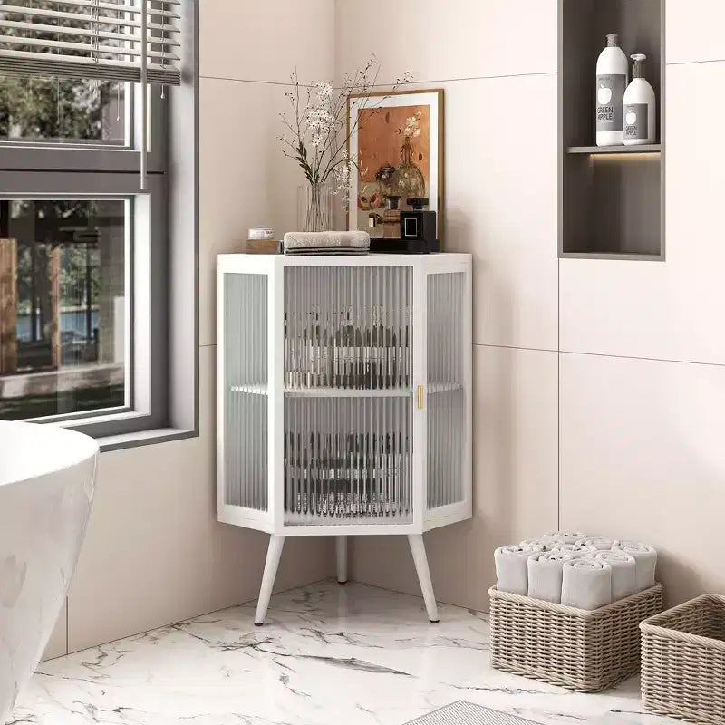 Meuble de rangement pour salle de bain Okak, armoire de coin au sol moderne avec porte en verre trempé et 2/3 étagères pour salon, bureau à domicile