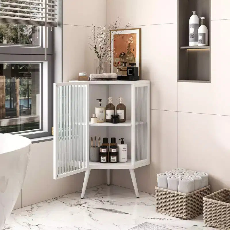 Meuble de rangement pour salle de bain Okak, armoire de coin au sol moderne avec porte en verre trempé et 2/3 étagères pour salon, bureau à domicile