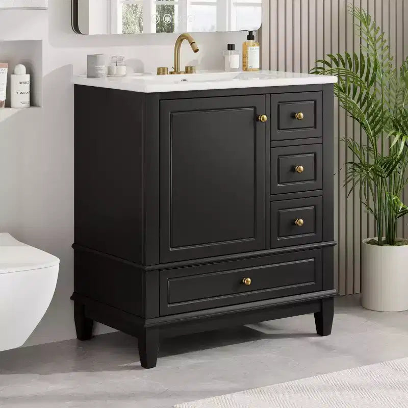 Meuble-lavabo de salle de bain Okak de 30 pouces avec lavabo, une porte avec étagère et trois tiroirs, porte à fermeture douce