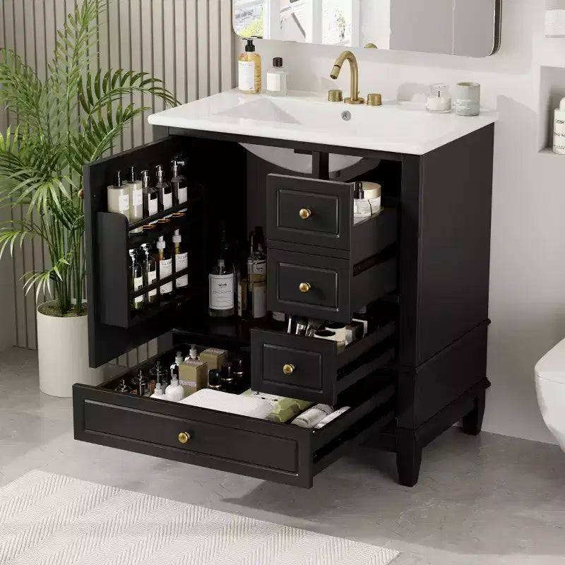 Meuble-lavabo de salle de bain Okak de 30 pouces avec lavabo, une porte avec étagère et trois tiroirs, porte à fermeture douce
