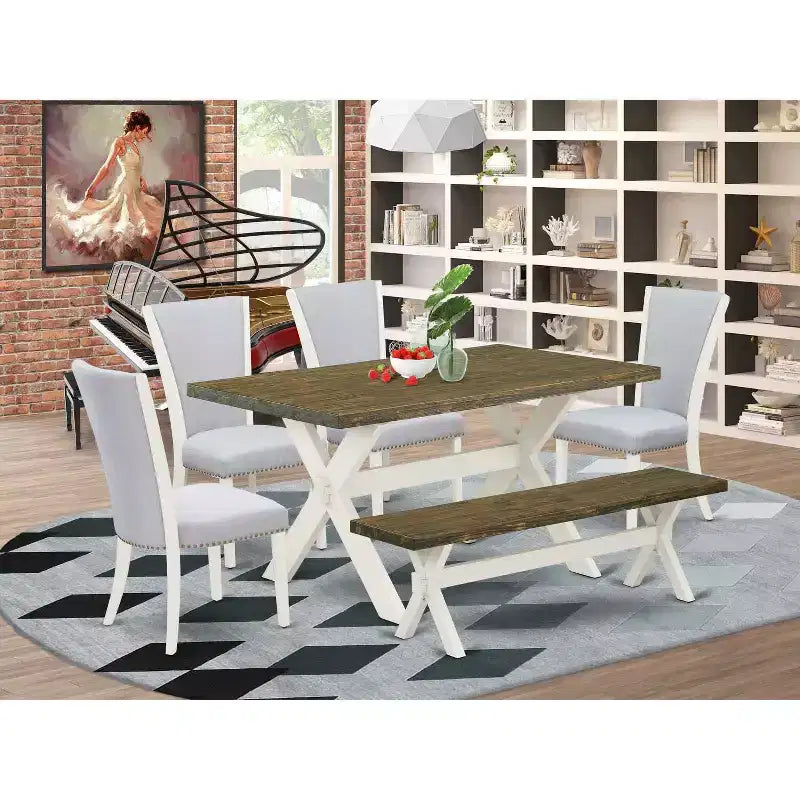 HomeStock Table de salle à manger 6 pièces rectangulaire en bois massif brossé blanc lin avec 1 banc et 4 chaises