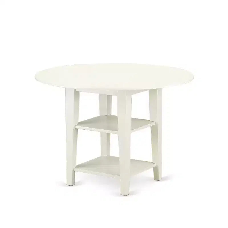 Ensemble de salle à manger HomeStock 5 pièces en bois massif finition blanc lin avec plateau rond et rallonges – 4 places
