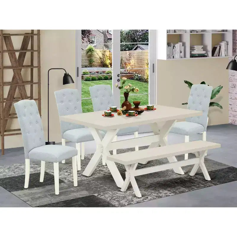 HomeStock - Table à manger rectangulaire 6 pièces en bois massif finition chêne naturel avec 1 banc et 4 chaises