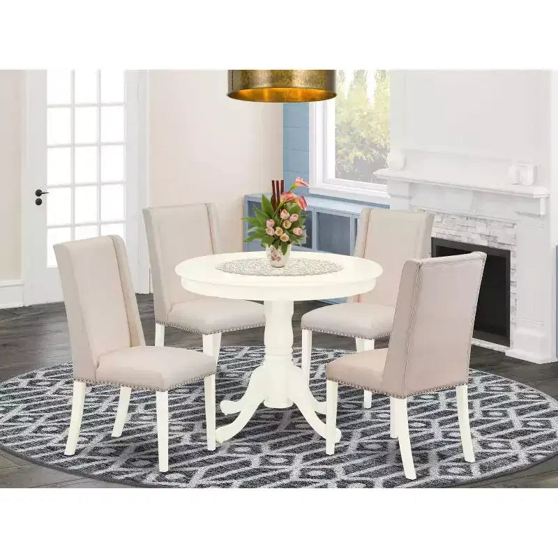 HomeStock Table à manger ronde 5 pièces en lin blanc avec plateau en bois massif et 4 chaises Parson