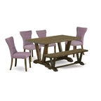 HomeStock 6-Pc Rectangle Distressed Jacobean Finish Solid Wood Top Dining Table with 1-Bench, 4-Chairs