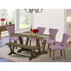 HomeStock Table à manger 6 pièces rectangulaire en bois massif finition jacobine vieillie avec 1 banc et 4 chaises