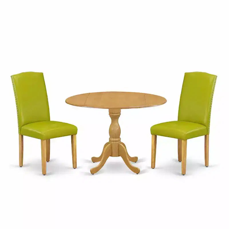 3-Piece Natural Oak Finish Solid Wood Top - Dining Room Set with High Back - Seats 4