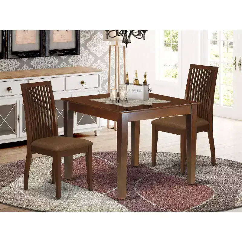 Ensemble de salle à manger 3 pièces HomeStock avec table carrée et dessus en bois massif finition acajou