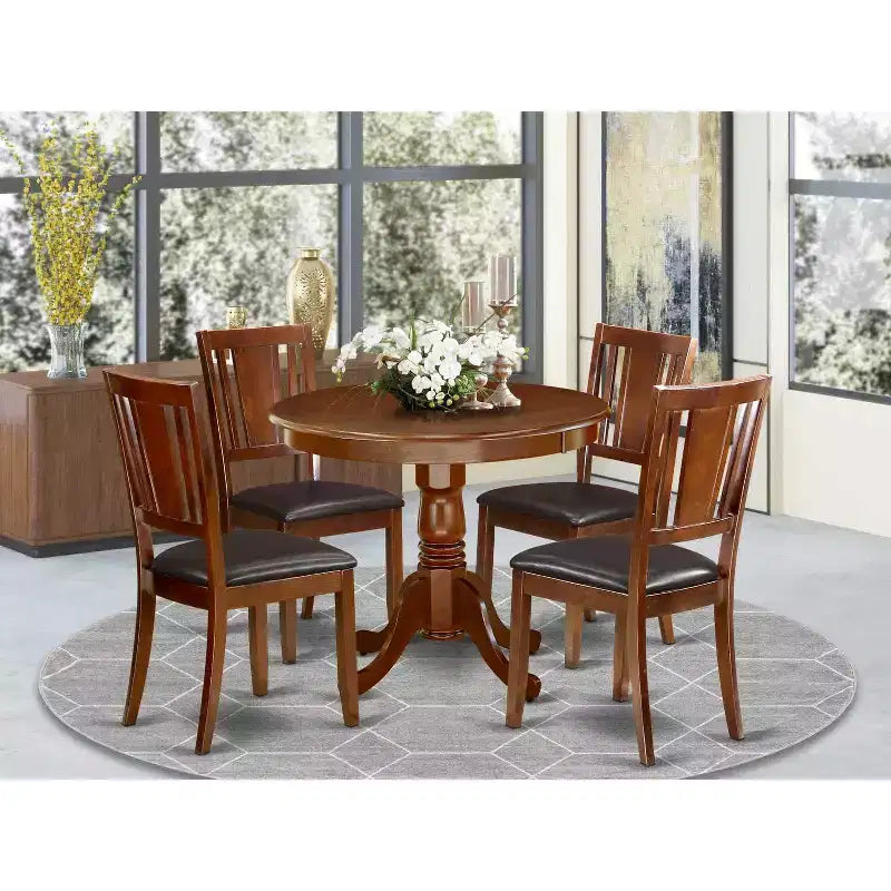 Table à manger HomeStock ronde 5 pièces en bois massif finition acajou avec 4 chaises