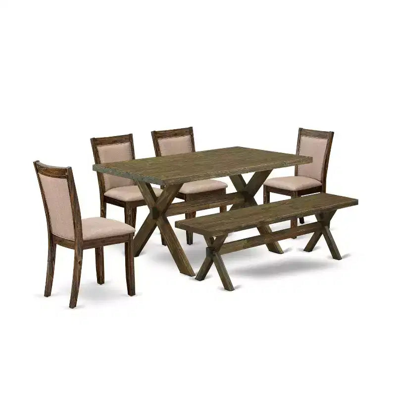 HomeStock 6-Piece Rectangle Distressed Jacobean Finish Solid Wood Top Dining Table with 1-Bench, 4-Chairs