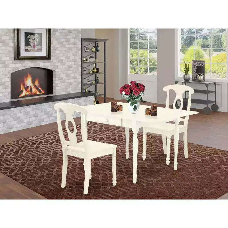 Ensemble de salle à manger 3 pièces HomeStock, dessus en bois massif finition blanc lin, avec table à rallonges