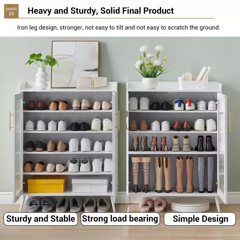 Meuble de rangement pour chaussures à 5 niveaux avec portes en verre, étagères réglables pour entrée, couloir et salon, organisateur de chaussures blanc avec rangement spacieux