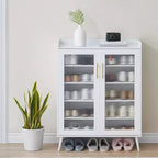 Meuble de rangement pour chaussures à 5 niveaux avec portes en verre, étagères réglables pour entrée, couloir et salon, organisateur de chaussures blanc avec rangement spacieux