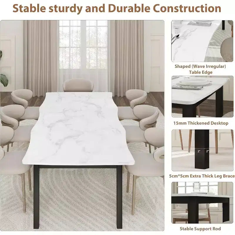 CuisinSmart Table de salle à manger pour 6 à 8 personnes, table rectangulaire avec bord irrégulier unique en forme de vague, plateau en MDF de 15 mm d'épaisseur et cadre en métal, pour salle à manger