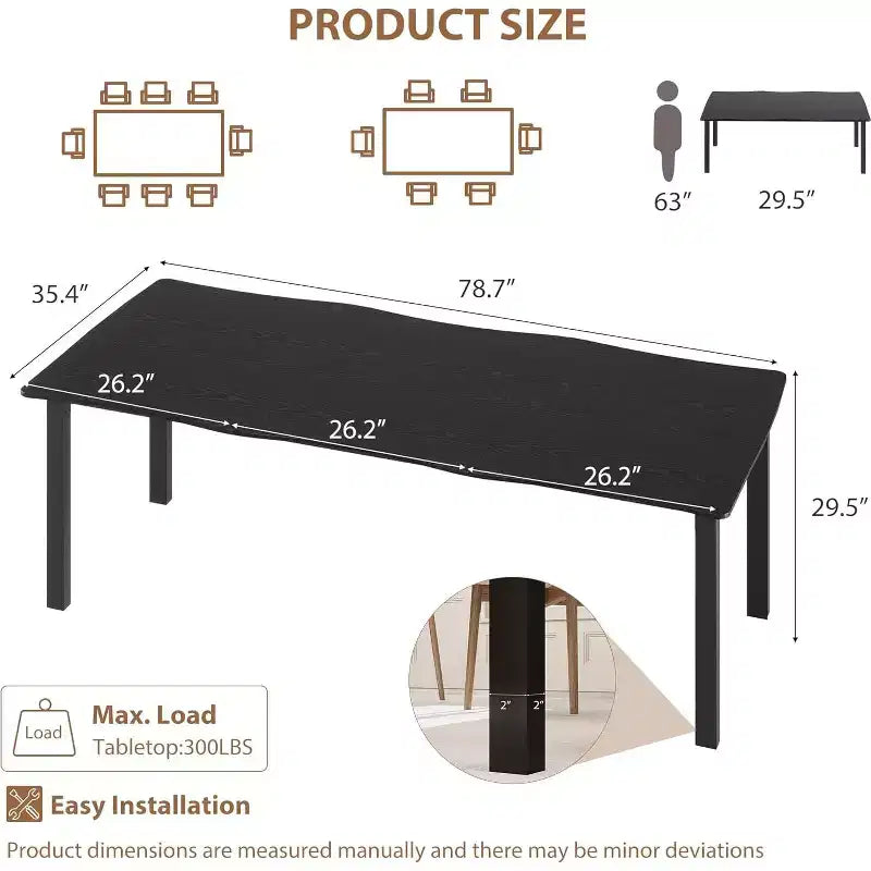 CuisinSmart Table de salle à manger pour 6 à 8 personnes, table rectangulaire avec bord irrégulier unique en forme de vague, plateau en MDF de 15 mm d'épaisseur et cadre en métal, pour salle à manger
