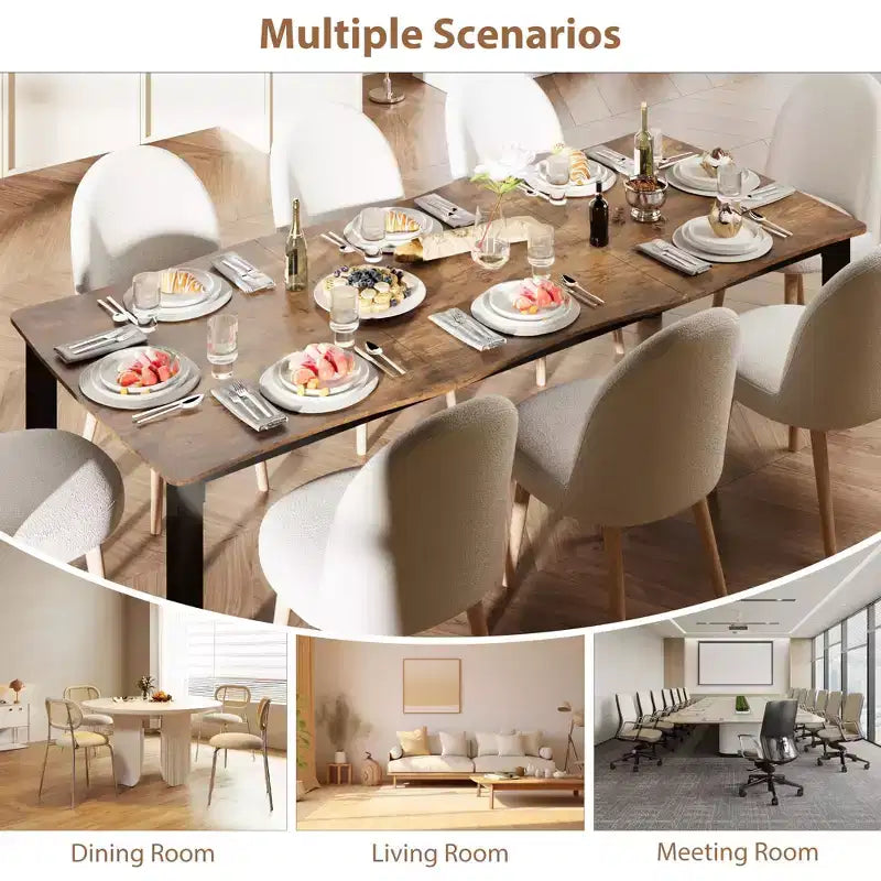 CuisinSmart Table de salle à manger pour 6 à 8 personnes, table rectangulaire avec bord irrégulier unique en forme de vague, plateau en MDF de 15 mm d'épaisseur et cadre en métal, pour salle à manger